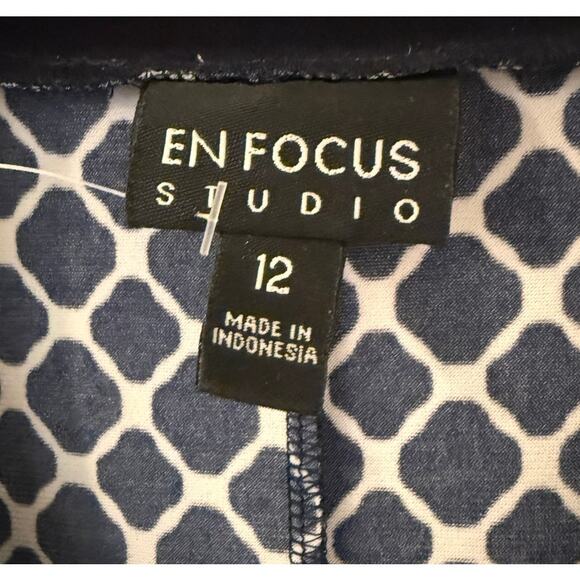 En Focus Studio Navy White Geometric Print Bell Sleeve Shift Dress Size 12 - Picture 2 of 6